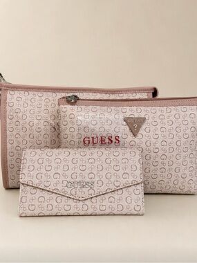 GUESS Pink Logo 3-Piece Pouch & Wallet Set